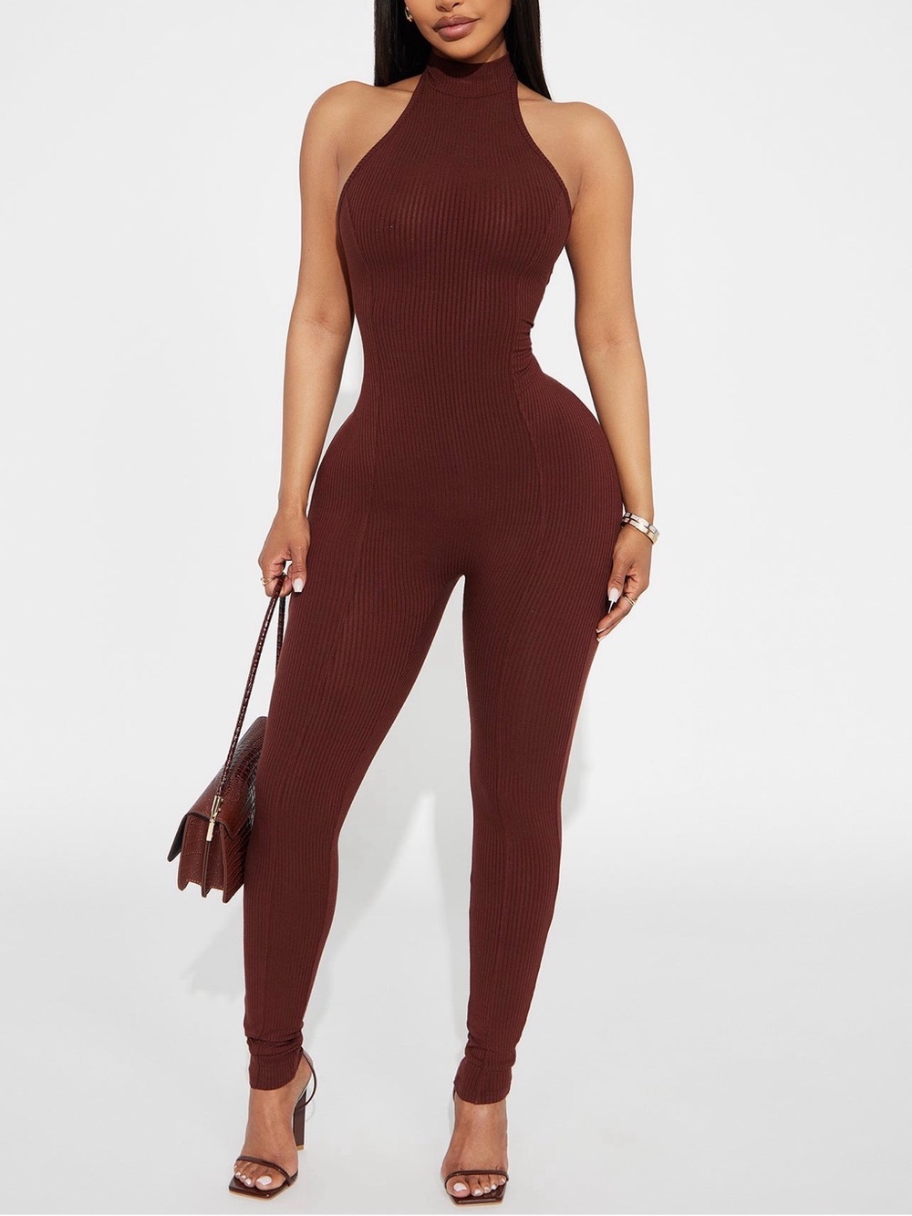 Ribbed Halter-Neck Jumpsuit in Chocolate Brown